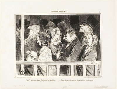 Paryżanie oczekujący dobrej zabawy. Stojąc w kolejce przez dwie godziny przed każdym teatrem w mieście, płyta 1 z Les Bons Parisiens autorstwa Honoré Victorin Daumier