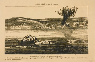 Filozoficzne rozważania miłośnika cichych przyjemności. Pływanie na plecach przez godzinę w cichym dopływie Marny z niewielką ilością wody, kilkoma liliami wodnymi i mnóstwem żab: to właśnie czyni człowieka szczęśliwym!, z Les Baigneurs autorstwa Honoré Victorin Daumier
