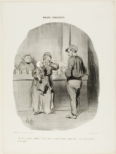 "Regularny mały pijak!.. połyka to jak mleko! Biedne maleństwo... jest taki jak jego ojciec!", płyta 42 z Moeurs Conjugales. autorstwa Honoré Victorin Daumier