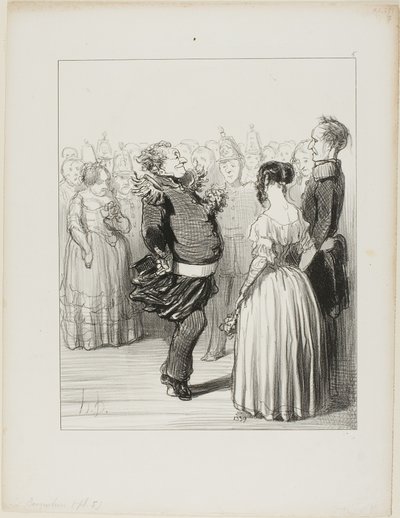 Rifolard otwiera piłkę i wykonuje odważny taneczny krok do przodu, który otrzymuje powszechne pochwały, talerz 5 od Les Banqueteurs autorstwa Honoré Victorin Daumier