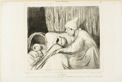 Zmysł słuchu. "- Obudź Nini!.... Wołam ją od ponad godziny, a ona zawsze odpowiada: tak Adolphe. Ale ani imię dziecka, ani moje nie brzmi Adolphe!", płyta 41 z Types Parisiens autorstwa Honoré Victorin Daumier