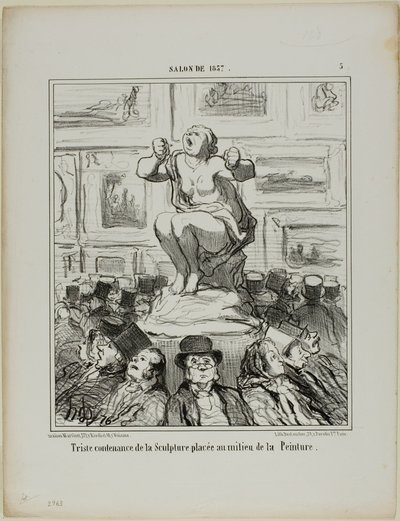 Niezadowolenie z rzeźby umieszczonej pośrodku wystawy obrazów, płyta 5 z Salonu De 1857 autorstwa Honoré Victorin Daumier
