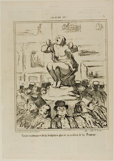 Niezadowolenie z rzeźby umieszczonej pośrodku wystawy obrazów, płyta 5 z Salonu De 1857 autorstwa Honoré Victorin Daumier
