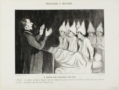 Dormitorium dystyngowanej szkoły z internatem, płyta 14 z Professeurs et Moutards (Profesorowie i łobuzy) autorstwa Honoré Victorin Daumier