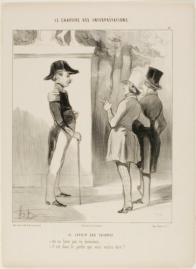 Ogrody Tuileries. "- Tutaj nie wolno palić, sir! - To znaczy w ogrodzie", płyta 10 z Le Chapitre Des Interprétations autorstwa Honoré Victorin Daumier