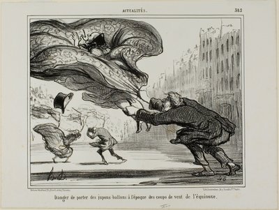 Niebezpieczeństwo noszenia spódniczek z obręczami podczas nagłej wiosennej burzy, płytka 26 z La Crinolomanie autorstwa Honoré Victorin Daumier