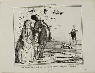 Wada strzelania do młodych kuropatw za pomocą nowych wybuchowych pocisków Devisme, płyta 17 z Émotions De Chasse autorstwa Honoré Victorin Daumier