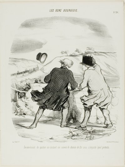 Niedogodność opuszczenia pociągu nawet tylko na chwilę i pod jakimkolwiek pretekstem, płyta 29 z Les Bons Bourgeois autorstwa Honoré Victorin Daumier