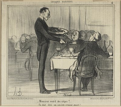 "Czy Monsieur chciałby naleśniki... - Musiał być przedsiębiorcą pogrzebowym", talerz piąty z Croquis Parisiens (Szkice paryskie) autorstwa Honoré Victorin Daumier