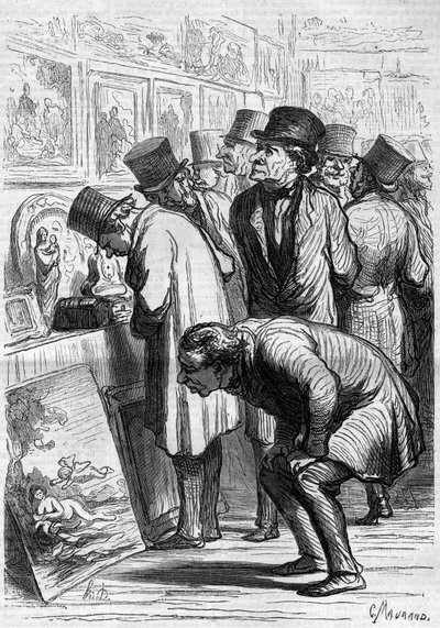 Sala Hotelu Drouot, dzień wystawienniczy. Karykatura Honore Daumiera (1808-1879). Grawer w „Le Monde Illustré” nr 265 z 10 maja 1862 r. autorstwa Honoré Daumier