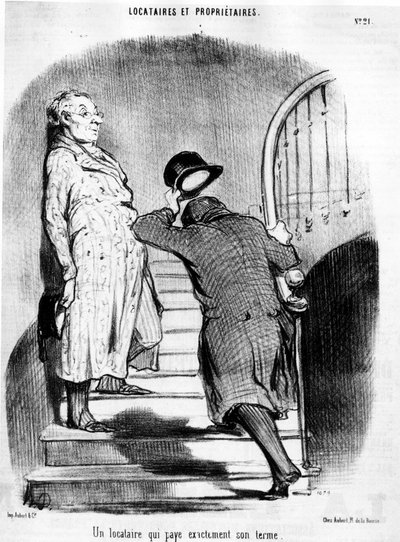 Lokator, który płaci dokładnie swoją kadencję, zaczerpnięty z serialu animowanego „Tenants et Owners” Honore Daumiera (1808-1879). „Charivari” autorstwa Honoré Daumier