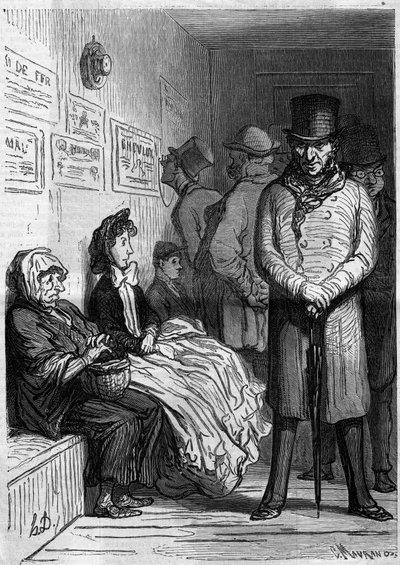 Poczekalnia omnibusa. Karykatura Honore Daumiera (1808-1879). Grawer w „”Le Monde Illustré””n°257 z dnia 15 marca 1862 r. autorstwa Honoré Daumier