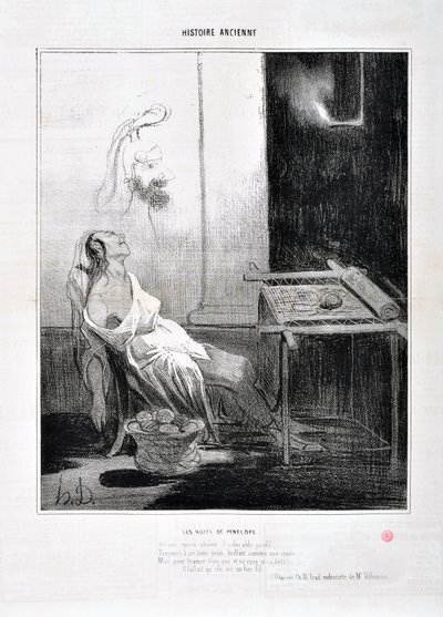 Grafika Honore Daumier (1808-1879) Charivari pochodzi z 1842 roku: Serie HISTORIE ANCIE Les Nuits de Penelope „” Z jej spooux nieobecnego uroczego profilu, Wieczna ze słodkimi oczami lśniła jak gwiazda Cel utkania trzech lat i jej przebiegłości i jego siec autorstwa Honoré Daumier