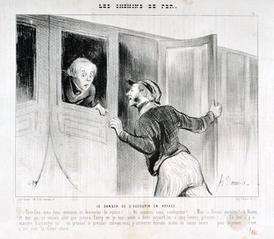 Grafika: Honore Daumier (1808-1879). Charivari pochodzi z 1843 roku: Serie LES RAILWAYS Niebezpieczeństwo zaśnięcia podczas podróży „” -Obudź się Panie i wysiądź z samochodu! - Gdzie jedziemy? - Ale Rouen parbleu! - W Rouen i ja, którzy chcieliśmy pojechać autorstwa Honoré Daumier