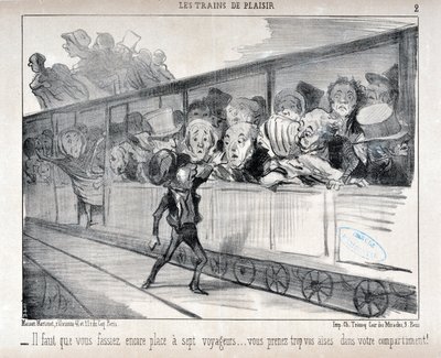 Grafika: Honore Daumier (1808-1879). Charivari pochodzi z 1852 roku: Serie LES TRAINS DE PLEASURE - Musisz zrobić miejsce dla siedmiu pasażerów... jesteś zbyt wygodny w swoim przedziale! MUZEUM SZTUK PIĘKNYCH - PAŁAC LONGCHAMP, MARSEILLE autorstwa Honoré Daumier