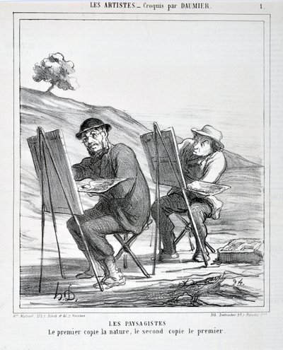 Grafika: Honore Daumier (1808-1879). Charivari pochodzi z 1865 roku: Serie LES ARTISTS Les paysagistes. „Pierwszy kopiuje naturę, drugi kopiuje pierwszą”” MUSEE DES BEAUTS ARTS - PALAIS LONGCHAMP, MARSEILLE autorstwa Honoré Daumier