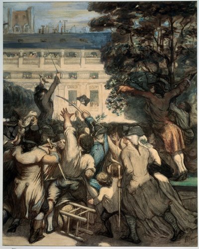 ""Camille Desmoulins (1760-1794) przemawia do patriotów w ogrodach Pałacu Królewskiego"" Pierwsza scena rewolucji francuskiej w Paryżu: 12.07.1789, po dymisji Jacquesa Neckera przez króla, przemawia Camille Desmoulins tłum w Pałacu Królewskim autorstwa Honoré Daumier