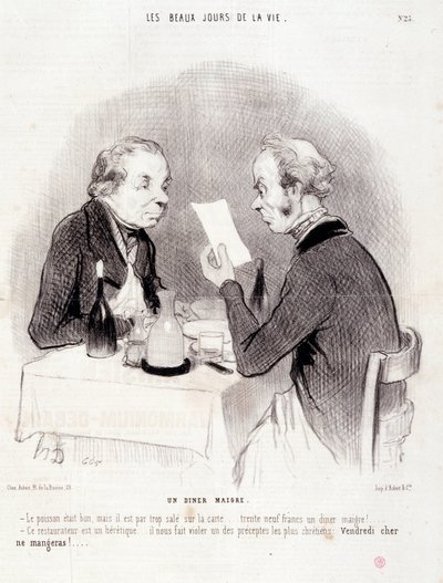 Kreskówka o drogim życiu. Seria „Piękne dni życia”: chudy obiad...” Grawer Honore DAUMIER (1808-1879). Wyciąg z gazety „Le Charivari” z 18 października autorstwa Honoré Daumier
