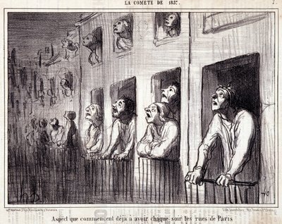 Kreskówka o nauce. Serie Sur „” la Comete de 1857””: „”Aspekt, który zaczyna się już każdej nocy na ulicach Paryża””. Grawerowanie autorstwa Honore DAUMIER (1808-1879). Wyciąg z gazety „Le Charivari””. Wymiary 38x25cm. Inv D - box 7 Marsylia, autorstwa Honoré Daumier