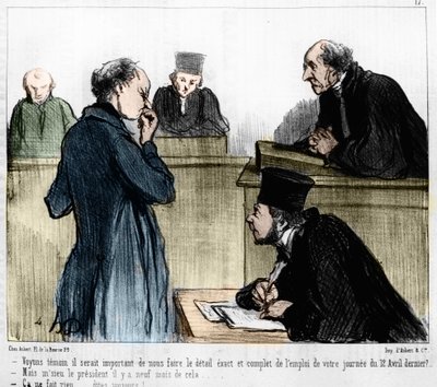 Karykatura Daumiera: Serie „”Les Gens de Justice”” opublikowana w „”Charivari”” z 04.03.1846. Przesłuchanie świadka. autorstwa Honoré Daumier