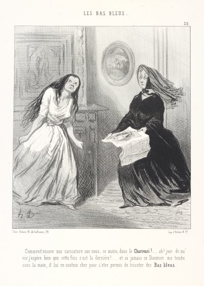 Co takiego! Kolejna karykatura o nas dziś rano w Charivari! ... Ach, na moje życie! Mam wielką nadzieję, że tym razem to ostatnia! ... A jeśli ten Daumier kiedykolwiek wpadnie mi w ręce, drogo zapłaci za to, że ośmielił się robić na drutach niebieskie autorstwa Honoré Daumier