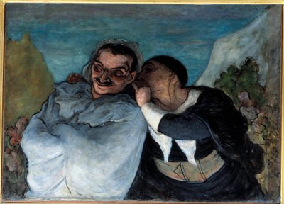 Crispin i Scapin również mówią Scapin i Silvestre. Dwóch bohaterów sztuki Moliera „Les fourberies de Scapin” zwierza im się do ucha. Obraz Honore Daumiera (1808-1879). 1864 niedz. 0,60 x 0,82 m Paryskie Musee d