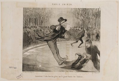 Trudno się popisywać na dużym stawie w Ogrodach Tuileries. autorstwa Honoré Daumier