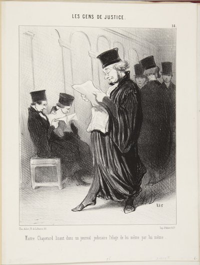 Mistrz Chapotard czyta w gazecie sądowej pochwałę samego siebie, napisaną przez siebie samego autorstwa Honoré Daumier
