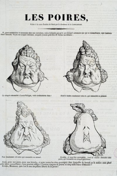 Gruszki: Karykatura przedstawiająca metamorfozę twarzy Ludwika Filipa w gruszkę. Rysunek Honore Daumiera (1808-1879) według oryginalnego rysunku Charlesa Philippona (1806-1862) „La Caricature”, styczeń 1832 Paryż, Musee Carnavalet autorstwa Honoré Daumier