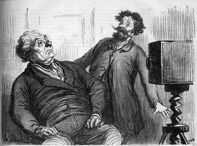 Fotografowie i fotografie. Karykatura Honore Daumiera (1808-1879). Grawerowanie w „”Le Monde Illustré””n¡259 z 29 marca 1862 r. autorstwa Honoré Daumier