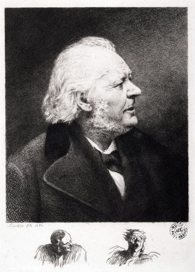 Portret Honore Daumiera (1808-1879), francuskiego rytownika, malarza i rzeźbiarza. Grawerowanie syna Boularda autorstwa Honoré Daumier