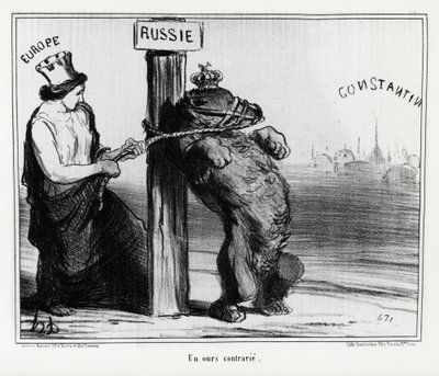 Rosja: niedźwiedź zdenerwowany (przez Europę). W marcu 1854 Francja i Anglia zawarły sojusz z Turcją przeciwko Rosji Ilustracja Honore Daumier (1808-1879), opublikowana w wiadomościach „Charivari” autorstwa Honoré Daumier
