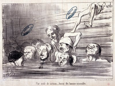 Seria „Les Bains de Mer””: „”Szkic wodny. Szkoła pływania, pula rozsądnych mężczyzn. Grawerowanie autorstwa Honore DAUMIER (1808-1879). Wyciąg z gazety „Le Charivari”” autorstwa Honoré Daumier