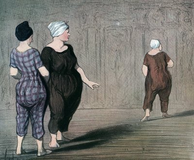 Cykl „Les batheuses”” dwie kobiety w strojach kąpielowych przyglądają się krojowi innej, karykatura autorstwa Honore Daumier (1808-1879) 1844 (Kąpiące się: dwie panie w kostiumie kąpielowym, patrzą w górę i w dół na talię drugiej) Prywatne kolekcja autorstwa Honoré Daumier