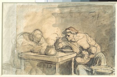 Zupa Kilka pracowników je zupę, matka karmi piersią dziecko. Akwarela Honore Daumier (1808-1879). 1862-1865. Ciemny. 0,3x0,49m. Paryż, Luwr autorstwa Honoré Daumier