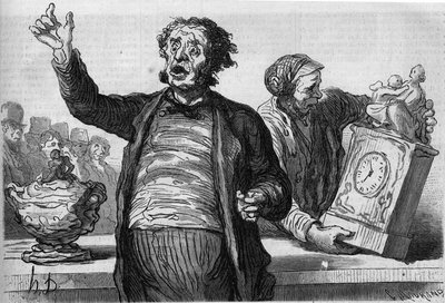 Hotel licytatorów: wołacz publiczny. Karykatura Honore Daumiera (1808-1879). Grawerowanie w „”Le Monde Illustré””n°551 z 2 stycznia autorstwa Honoré Daumier