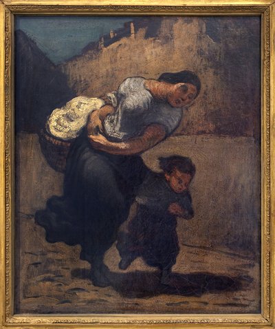 Burza (lawenda). Kobieta trzymająca niski koszyk z dzieckiem, prawdopodobnie po to, by uchronić się przed deszczem. Grafika Honore Daumier (1808-1879), olej na tekturze autorstwa Honoré Daumier