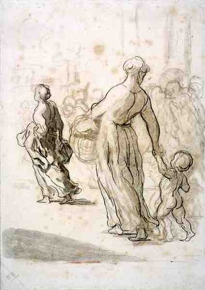 Dwie kobiety i dziecko, ok. 1848-50 (kreda, węgiel i gwasz na antycznym papierze wykładanym) autorstwa Honoré Daumier