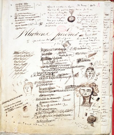 Strona tytułowa „Les Illusions Perdues”, c. 1830-40 (pióro i atrament na papierze) autorstwa Honore de Balzac
