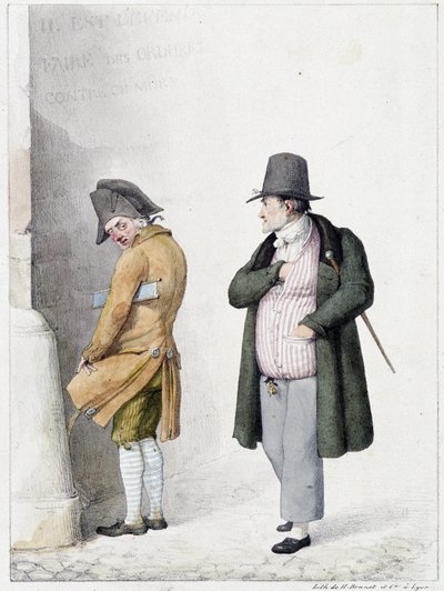 Mężczyzna oddający mocz przy ścianie i kolejni przechodnie - litografia Bruneta autorstwa Horace Antoine Brunet