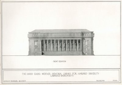 Elewacja frontowa, Harry Elkins Widener Memorial Library dla Uniwersytetu Harvarda, Cambridge, Massachusetts (lito) autorstwa Horace Trumbauer