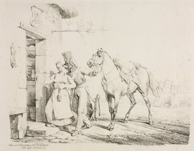 Huzar obejmujący sługę autorstwa Emile Jean Horace Vernet