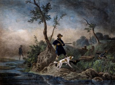 Polowanie na kaczki w bagnach, rycina wg obrazu Horacego Verneta (1789-1863) autorstwa Emile Jean Horace Vernet
