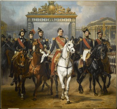 Król Ludwik Filip w otoczeniu swoich pięciu synów wychodzi przez główną bramę zamku wersalskiego po przeglądzie wojskowym na dziedzińcach, 10 czerwca 1837 r. autorstwa Horace Vernet