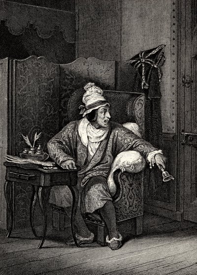 Scena z Imaginary Invalid Moliere, Horace Vernet, rycina - Le Malade imaginaire Jean-Baptiste Poquelin dit Moliere (1622-1673) autorstwa Emile Jean Horace Vernet