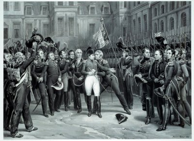 Pożegnanie Napoleona Bonaparte (1769-1821) z gwardią cesarską na dziedzińcu Cheval Blanc w Fontainebleau 20.04.1814 Rycina Emile Vernet dit Horace Vernet (1789-1863) 1814 Paryż, B.N. autorstwa Emile Jean Horace Vernet