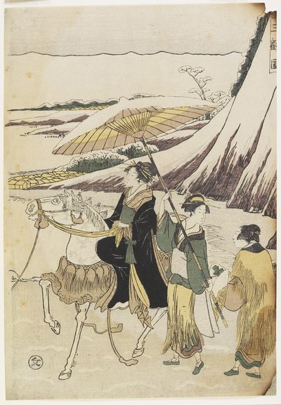 Trzy kobiety podróżujące przez wąwóz, 1794-96 (kolorowy drzeworyt) autorstwa Hosoda Eiri