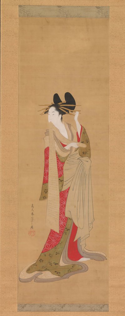 Kurtyzana z listem w ustach, 1756-1815. autorstwa Hosoda Eishi