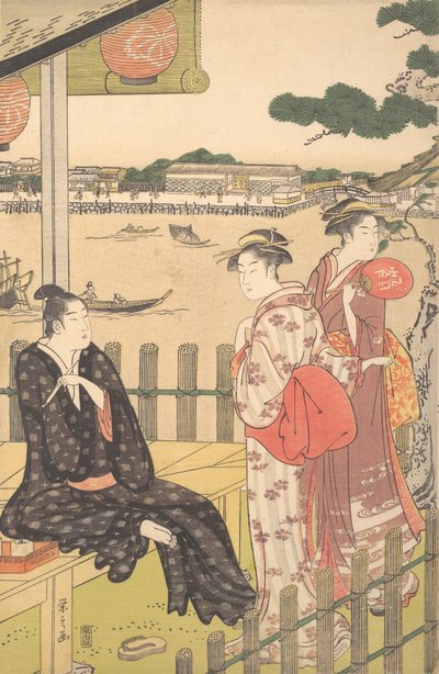 Grupa w herbaciarni nad brzegiem rzeki Sumida, ca. 1790. autorstwa Hosoda Eishi