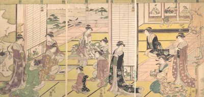 Uhonorowanie trzech bogów poezji: kobiety komponujące wiersze, ca. 1792. autorstwa Hosoda Eishi